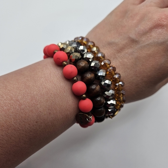 Erimish Stacking Stretch Pink Silver Bronze Rhinestone Beaded Bracelets Set of 4 - Picture 5 of 6